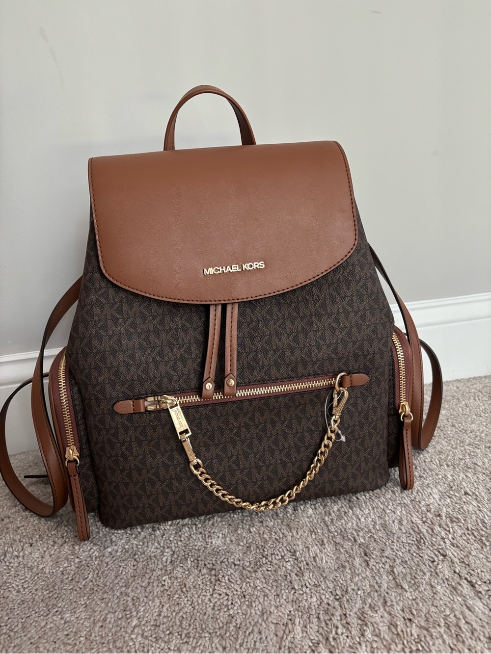 Michael Kors Brown Logo Backpack with Tan Trim and Gold Hardware
